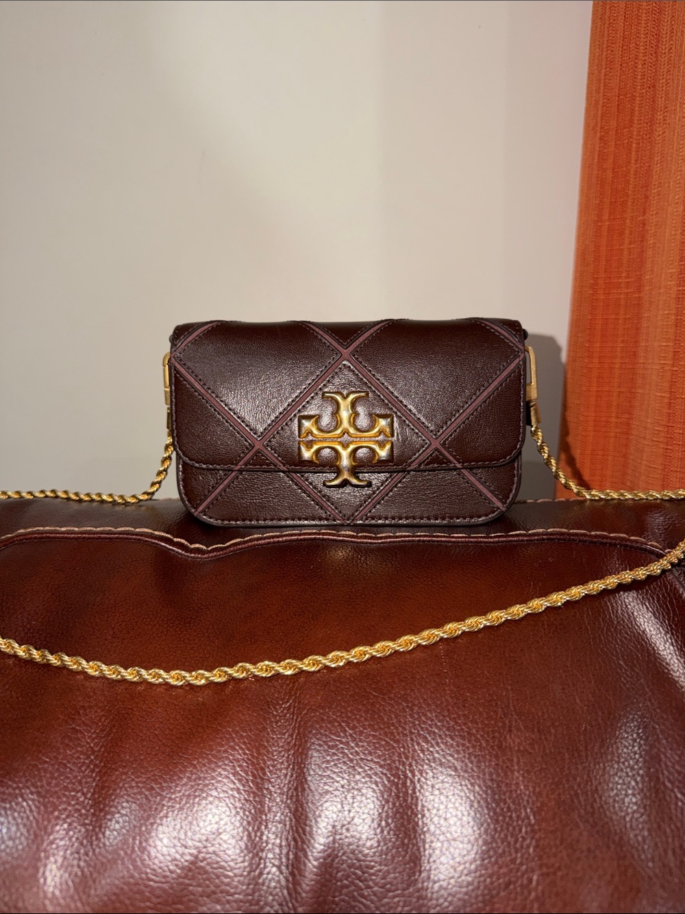 ‼️Tory Burch Eleanor Diamond Quilt Brown Leather Crossbody Bag - Picture 2 of 12